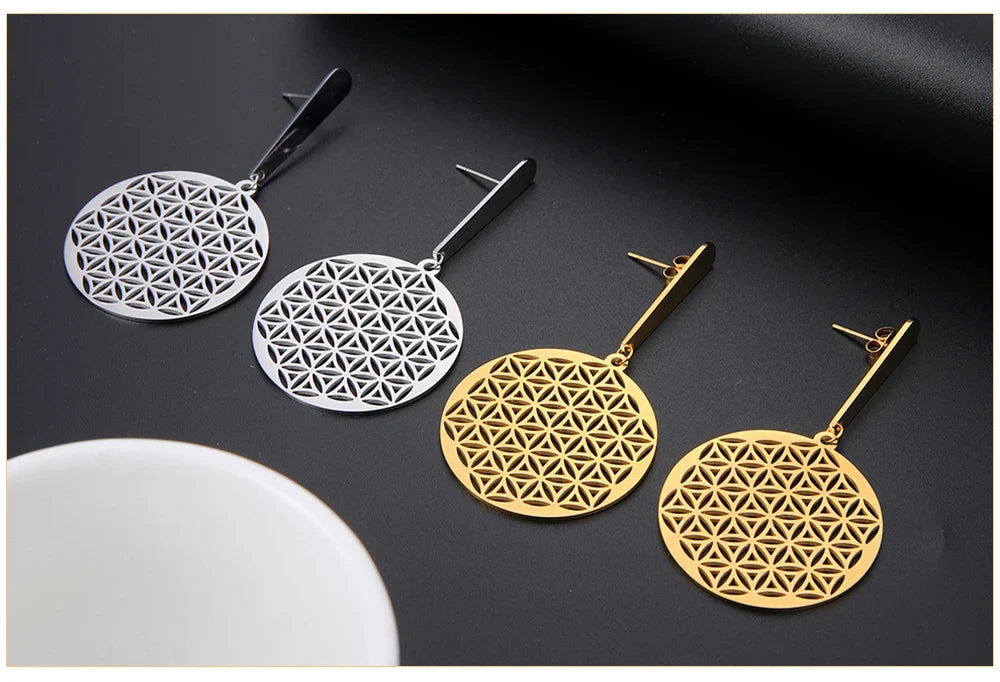 Silver Mandala Flower of Life Dangle Earrings for Women