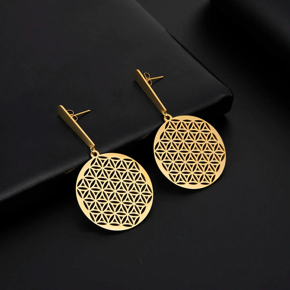 Gold Mandala Flower of Life Dangle Earrings for Women