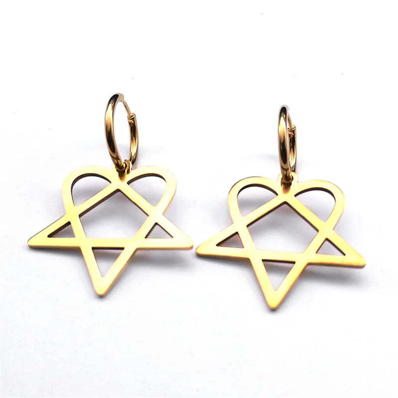 Goth Earrings "Heartagram" Gold Heart Pentagram