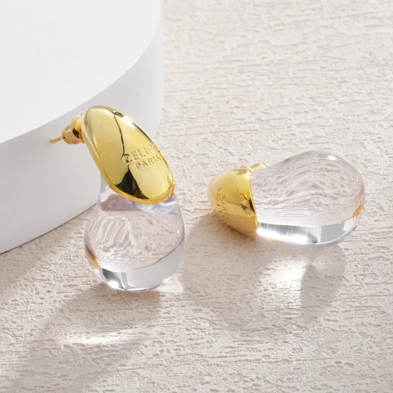 Transparent Water Drop Stud Earrings gold