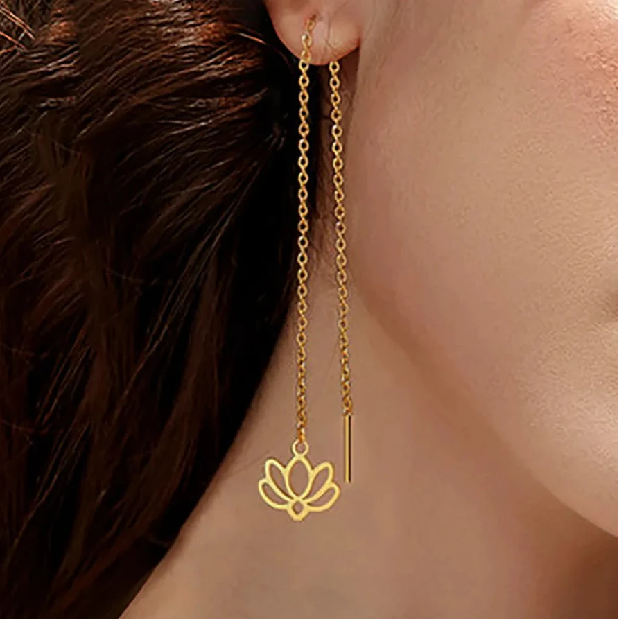 Fine Lotus Flower Drop Earrings in Gold