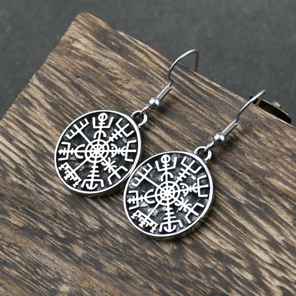 Серьги-подвески с компасом Vegvisir в викингском стиле 