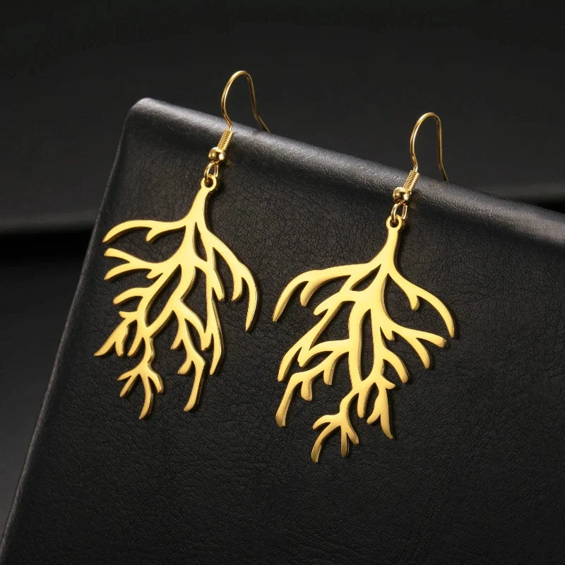 Boucles d'Oreilles Pendantes en Branches Corail or