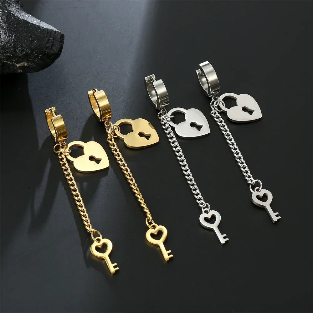 Gold key and lock dangle earrings