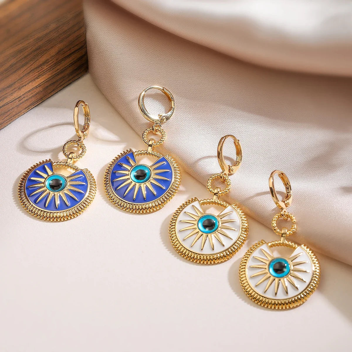 White Evil Eye Drop Earrings for Women