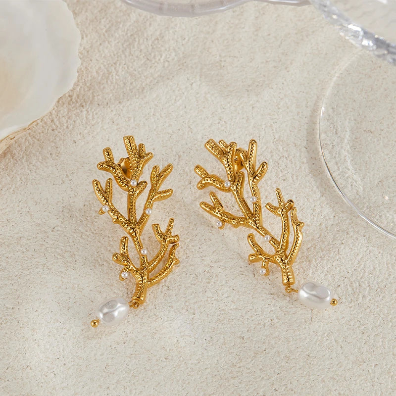 Coral and White Pearl Drop Earrings