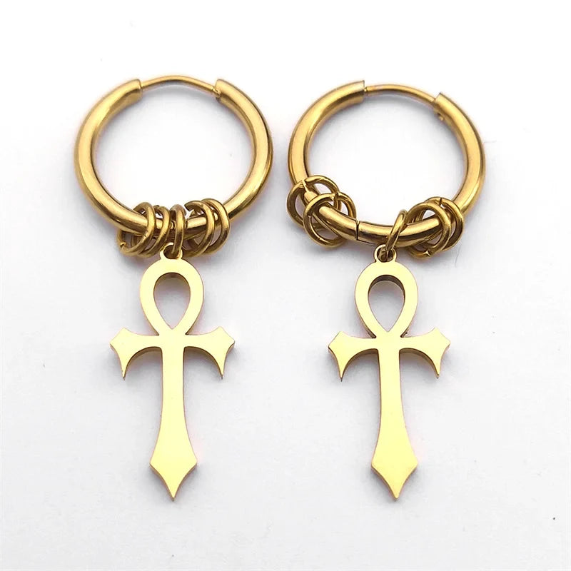 Boucles d'Oreilles Pendantes Croix d'Ankh pour Homme ou Femme or