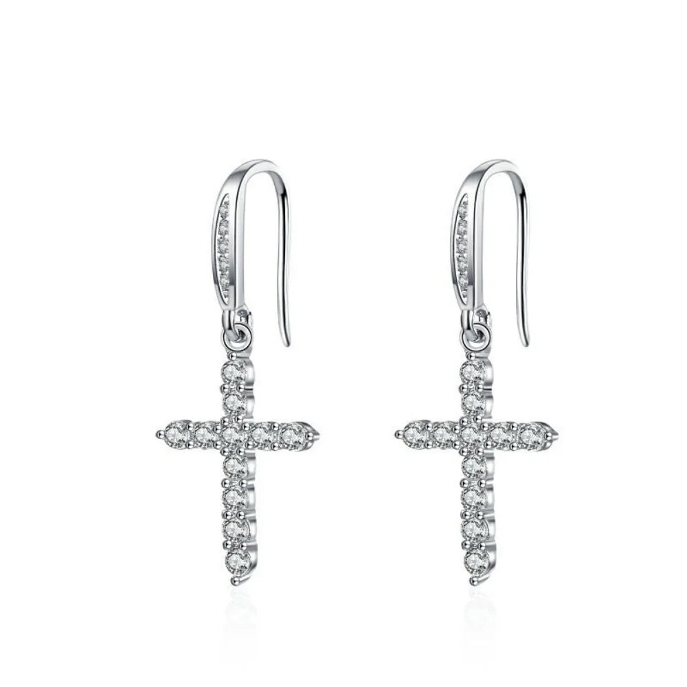 Zircon Cross Dangle Earrings in Silver