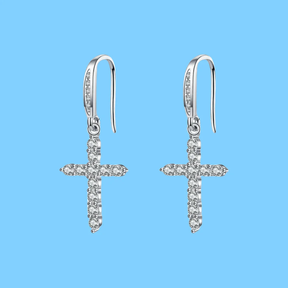Zircon Cross Dangle Earrings in Silver