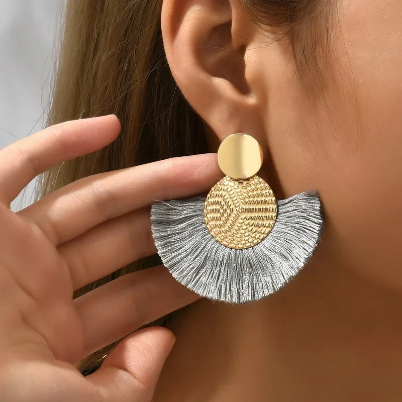 Boucles d'Oreilles Pendantes de Style Bohême en Eventail gris
