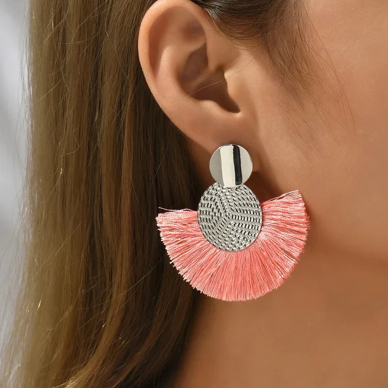 Boucles d'Oreilles Pendantes de Style Bohême en Eventail rose