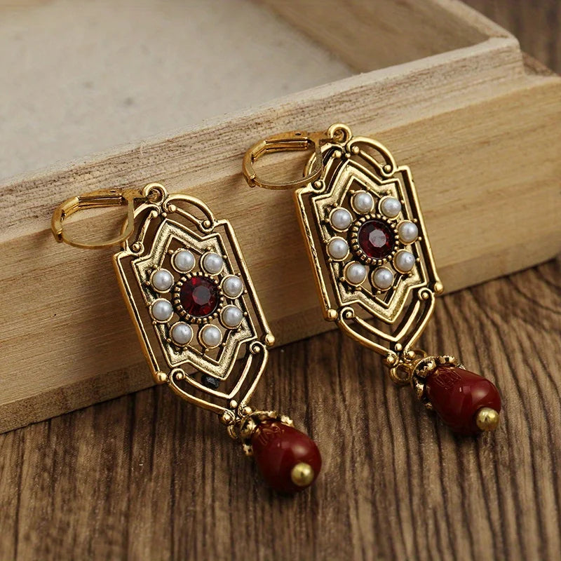 Boucles d'Oreilles Pendantes Ethniques Asymétriques rouge