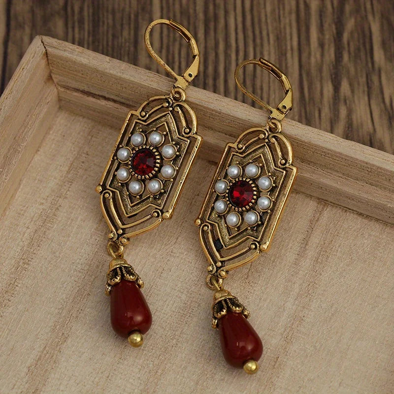Boucles d'Oreilles Pendantes Ethniques Asymétriques rouge