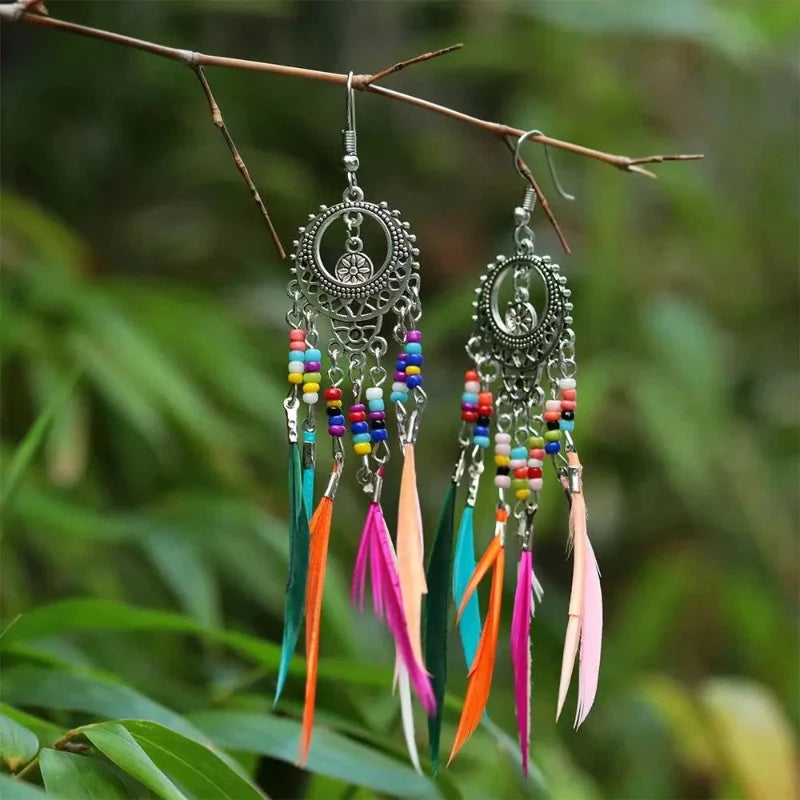 Ethnic Dangle Earrings with Colorful Feathers for Women in silver