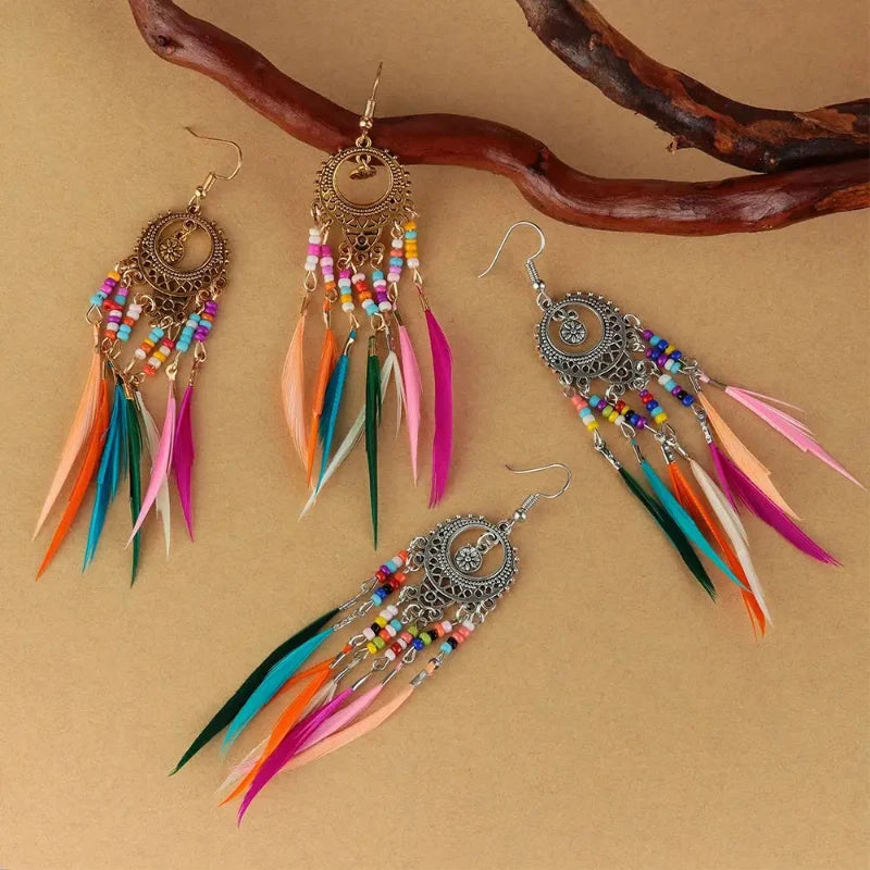 Ethnic Dangle Earrings with Colorful Feathers for Women in silver