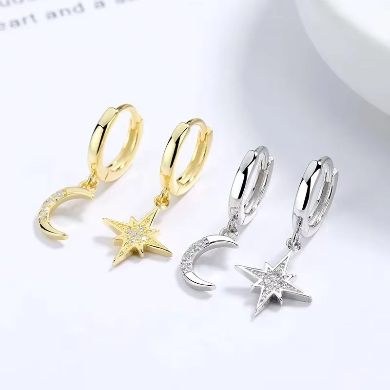 Star and Moon Zircon Drop Earrings in Silver