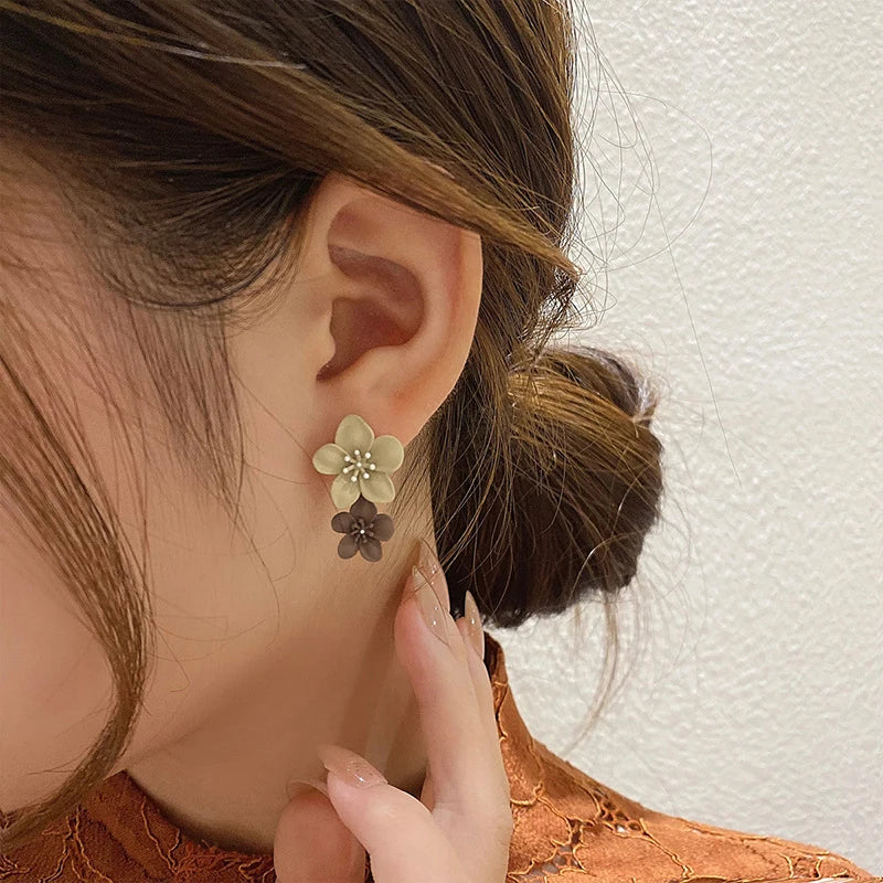 Beige and Brown Flower Dangle Earrings
