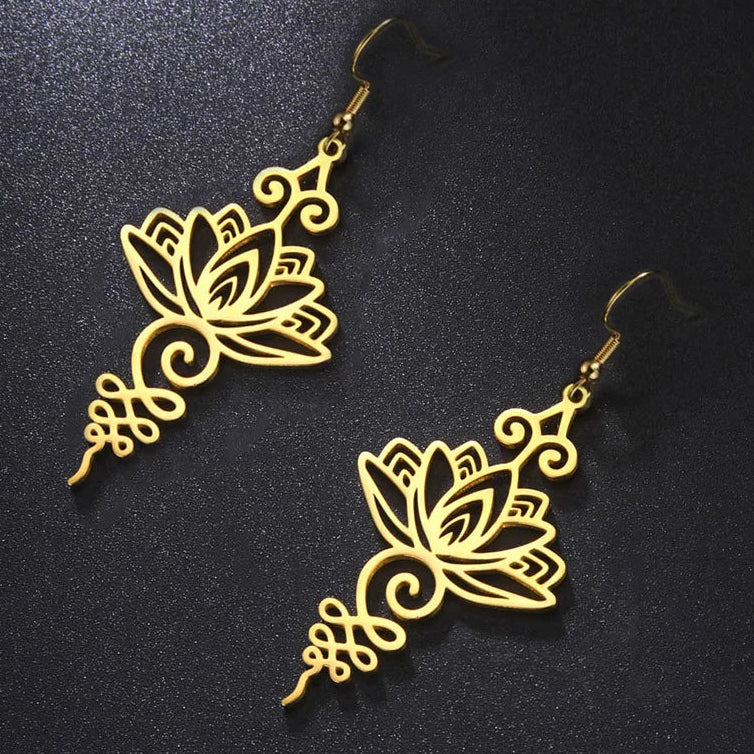 Lotus Flower Drop Earrings for Women, Gold