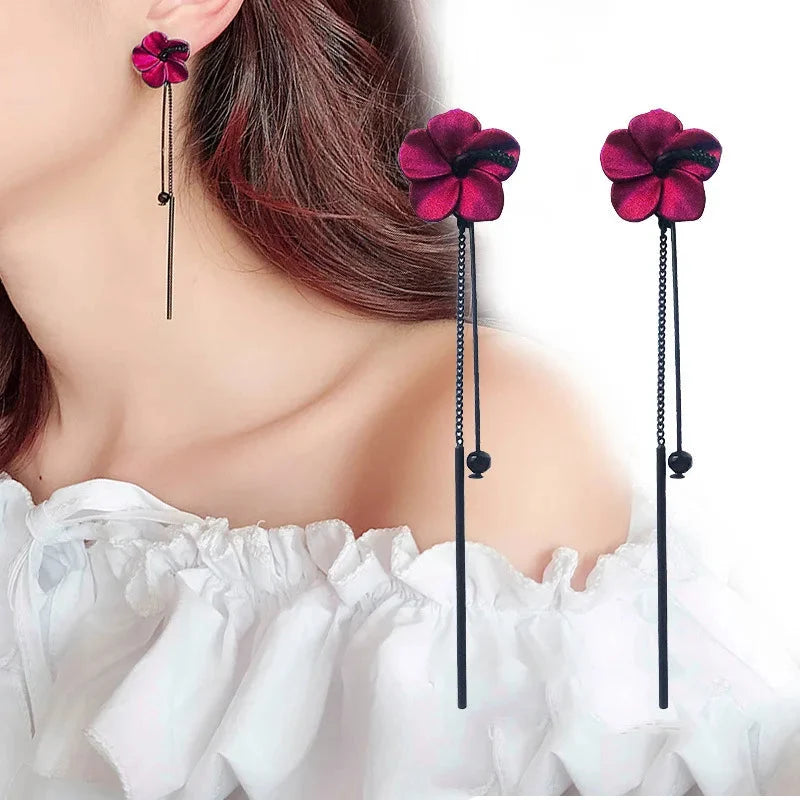 Red Flower and Red Chain Drop Earrings