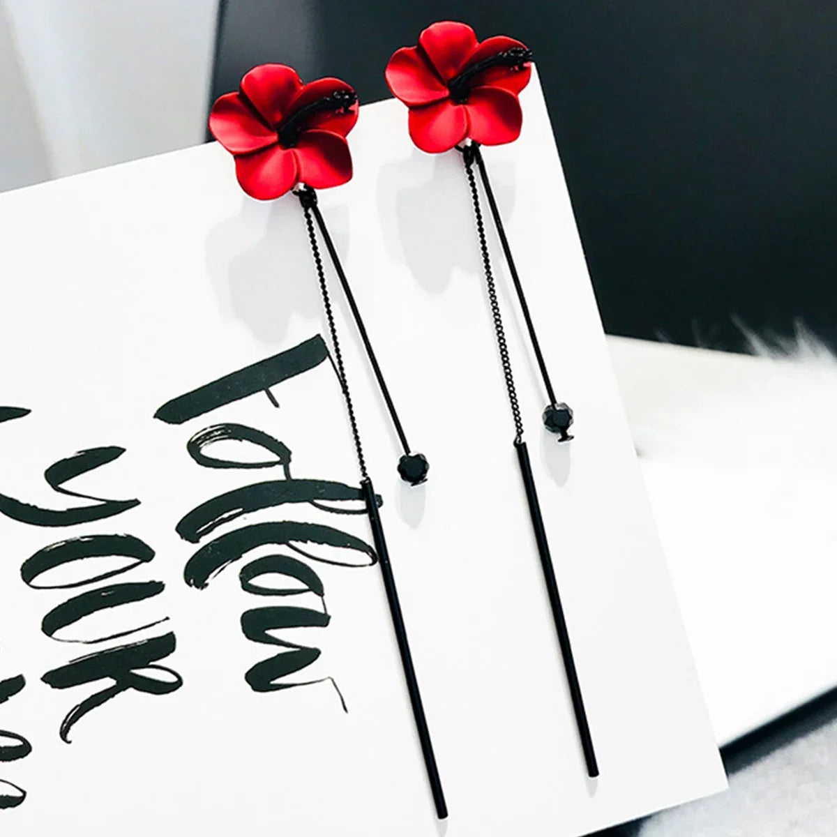 Red Flower and Red Chain Drop Earrings