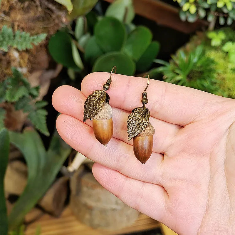 Boucles d'Oreilles Pendantes Gland en Bois