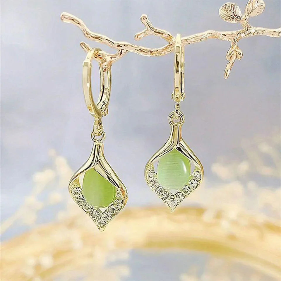 Water Drop Dangle Earrings with Green Zircon