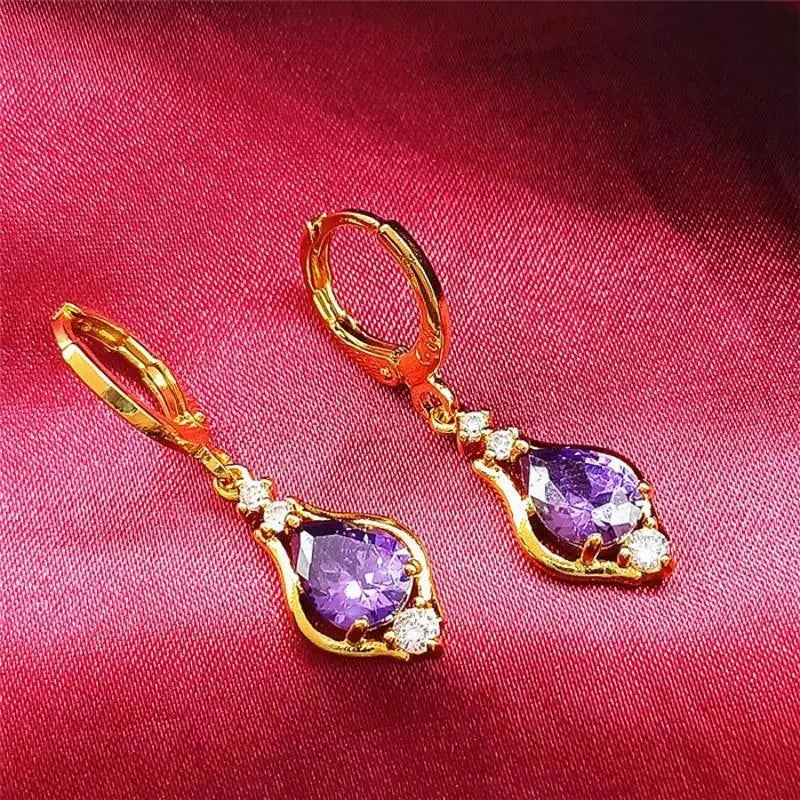 Water Drop Dangle Earrings with Purple Zircon