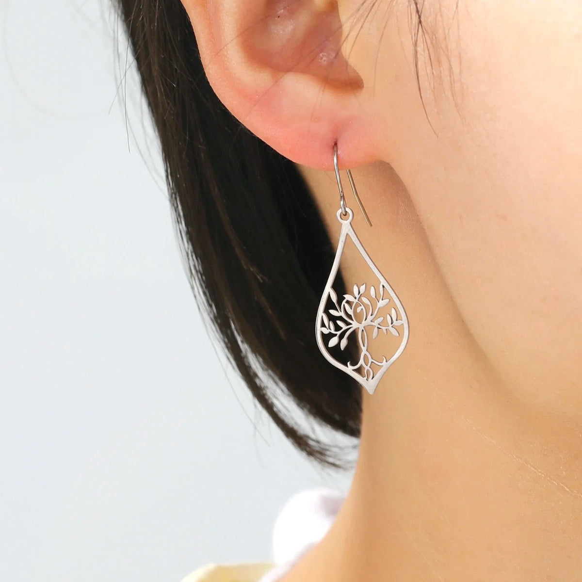 Silver Oval Tree of Life Drop Earrings