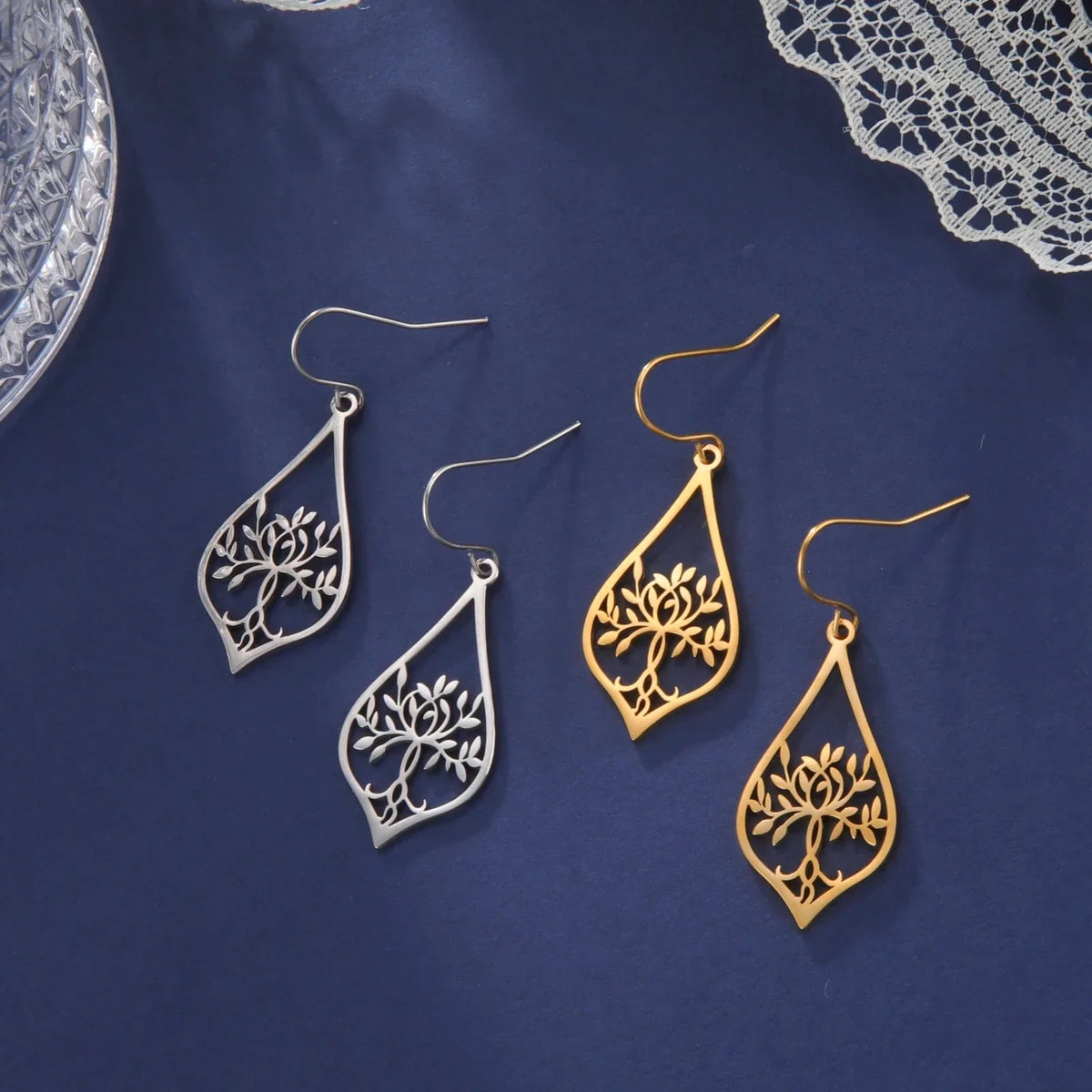 Gold Oval Tree of Life Drop Earrings