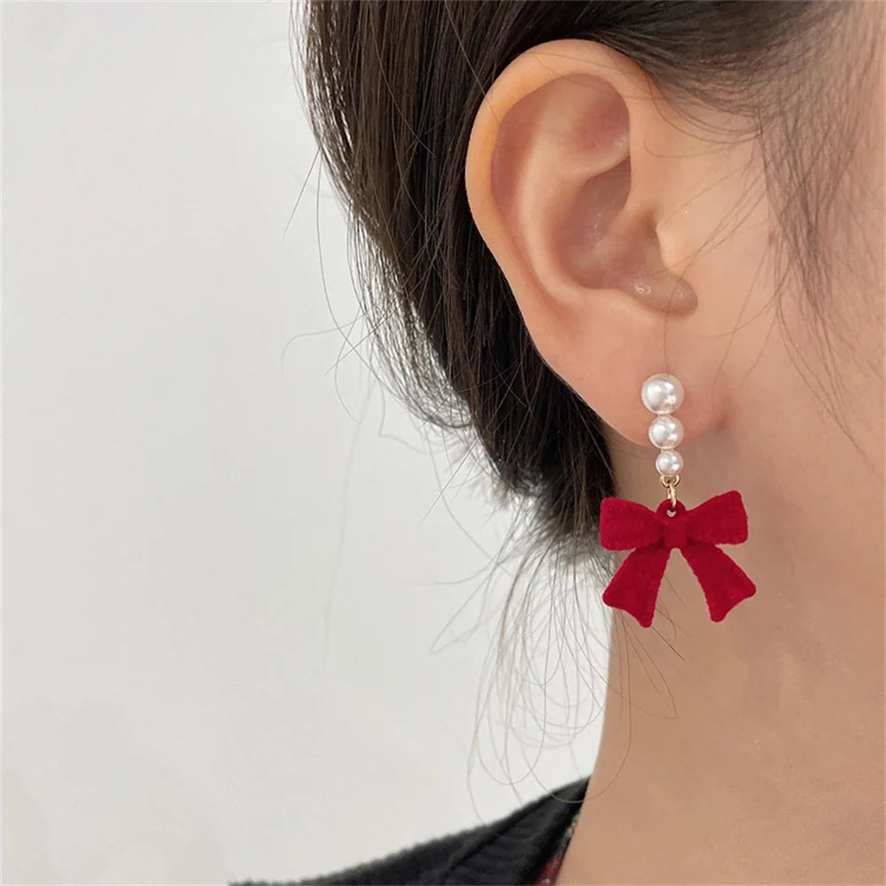 Red Pearl and Knot Drop Earrings