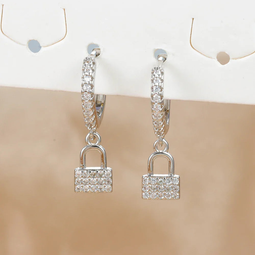 Key and lock hoop earrings with rhinestone silver