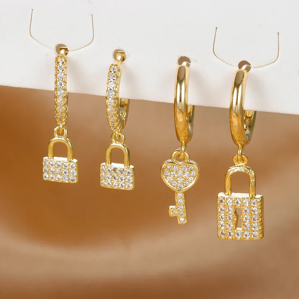 Key and lock hoop earrings with rhinestone