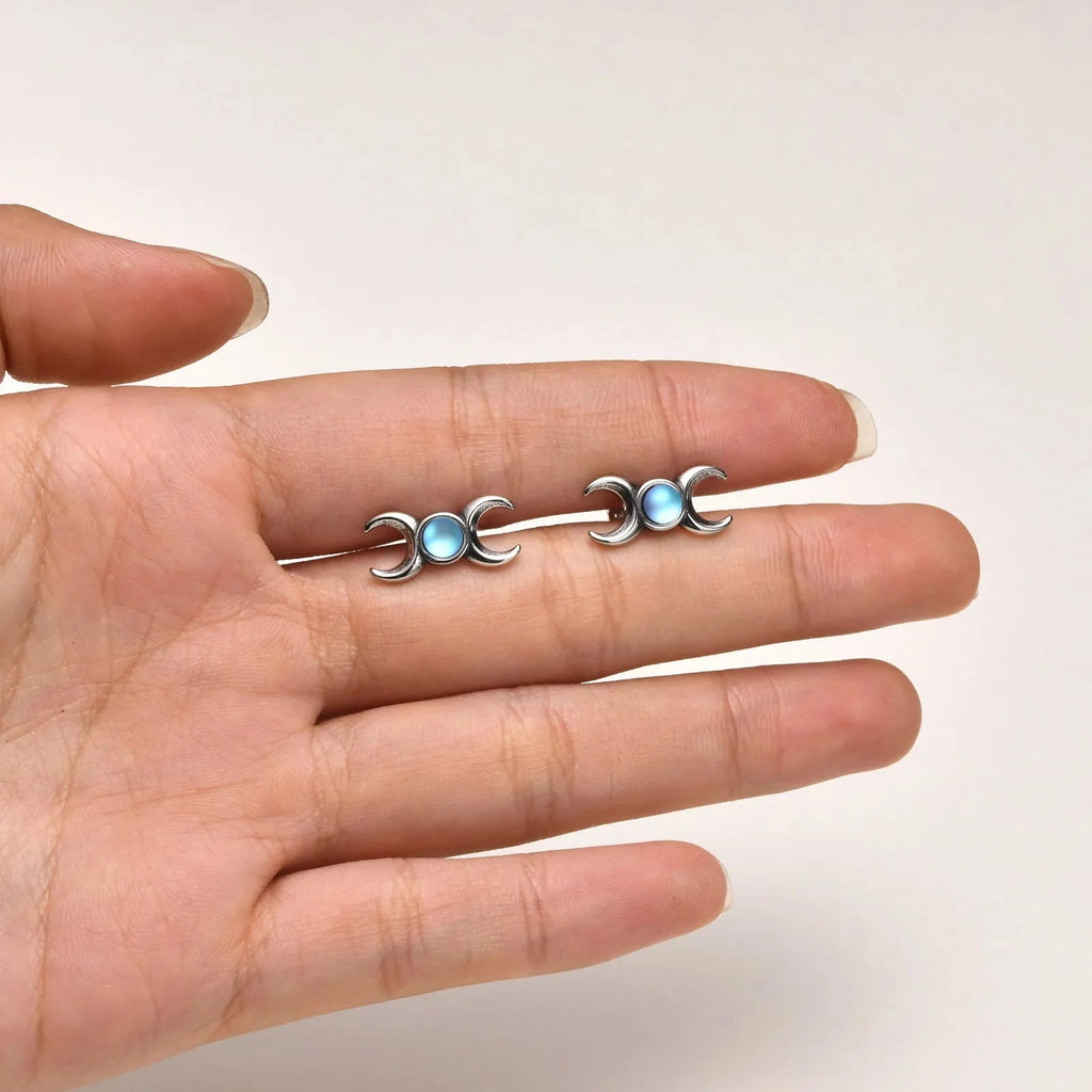 Triple Moon Stud Earrings Wiccan Witchcraft Women's
