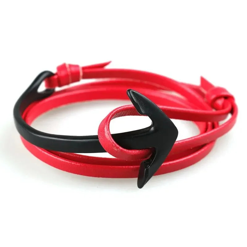 Wide adjustable black anchor bracelet in black and red