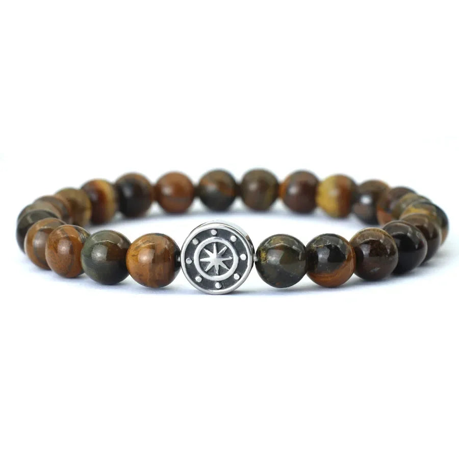Bracelet with Wind Rose Compass in Natural Stones tiger's eye