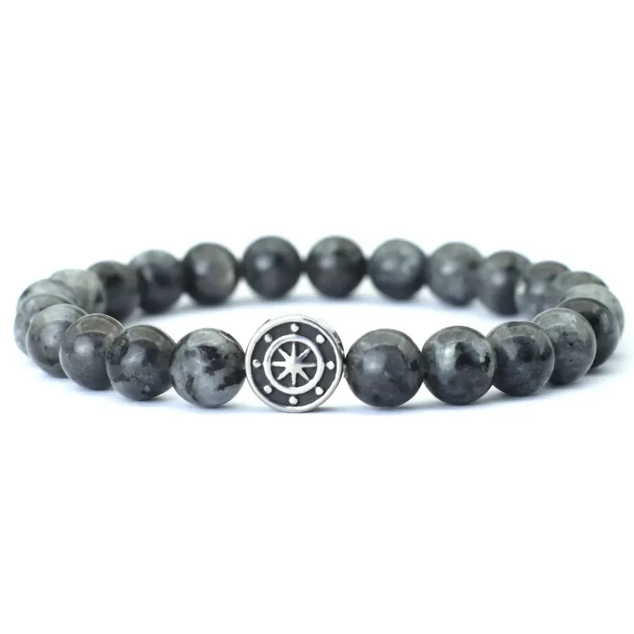 Bracelet with Wind Rose Compass in Natural Stones black stone