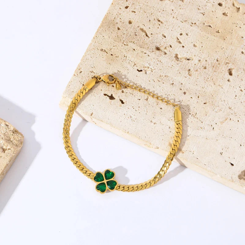 Bracelet avec Trèfle à 4 Feuilles en Cristal Vert