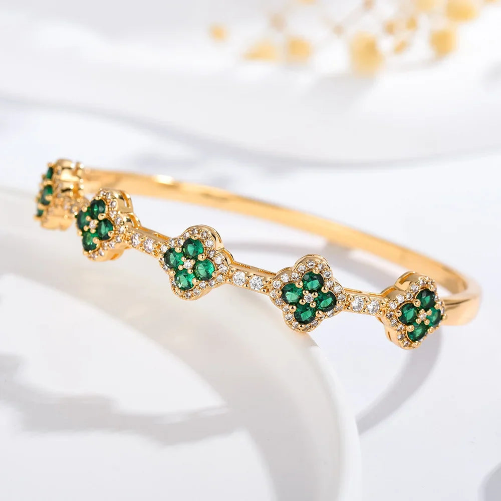 Bracelet avec Trèfles à 4 Feuilles en Zircon et Pierres vert