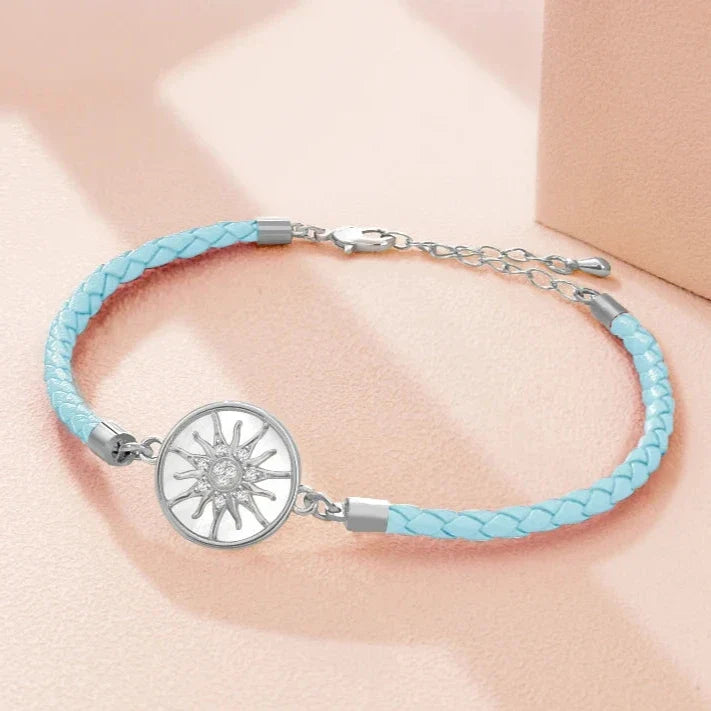 Compass Bracelet in Leather with Compass Rose, sky blue silver
