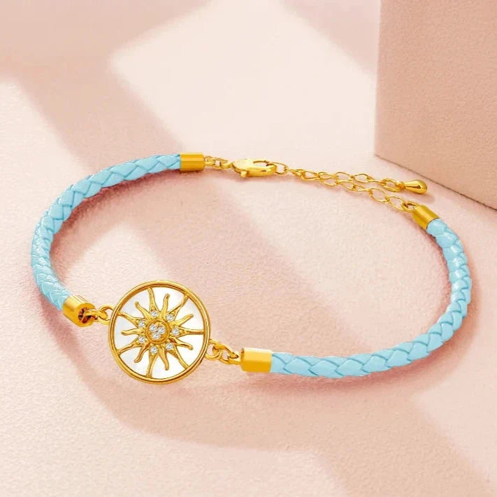 Compass Bracelet in Leather with Compass Rose, sky blue gold