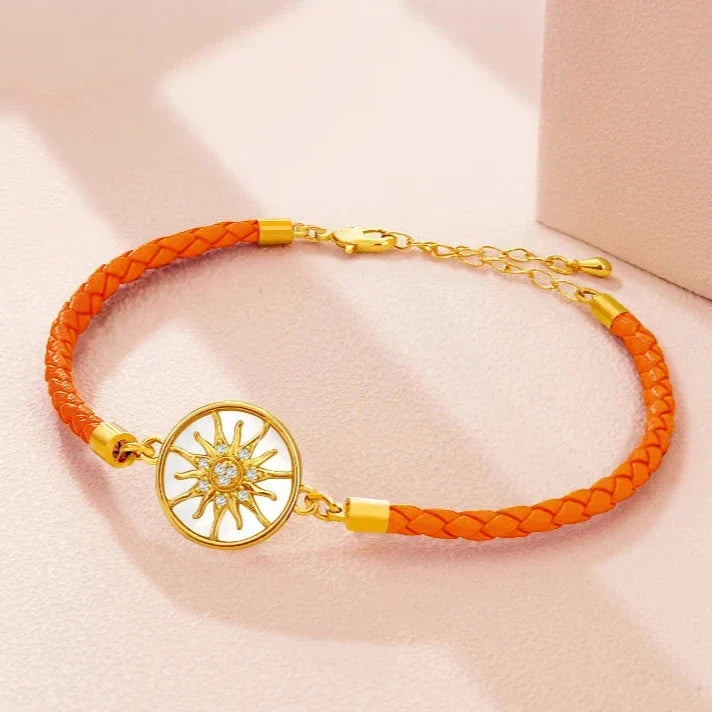 Compass Bracelet in Leather with Compass Rose, orange gold