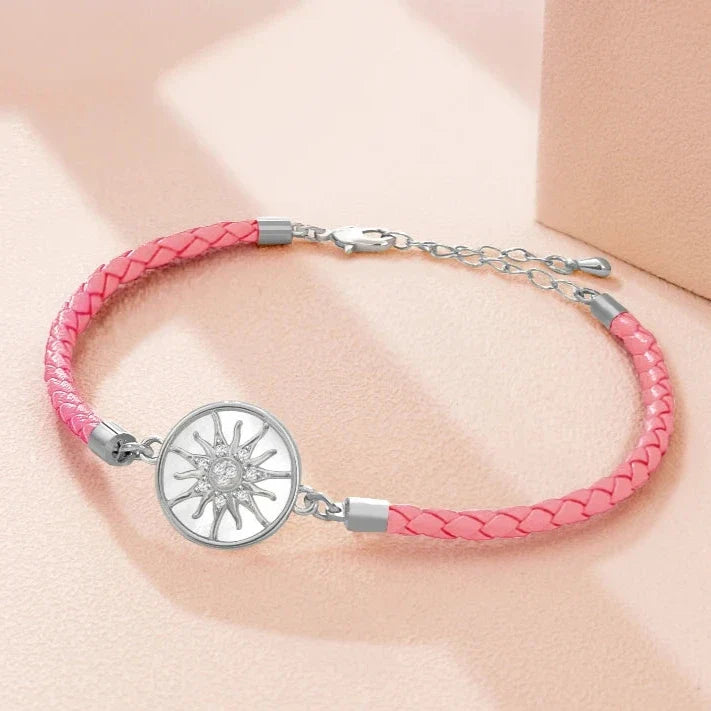 Compass Bracelet in Leather with Compass Rose, pink silver