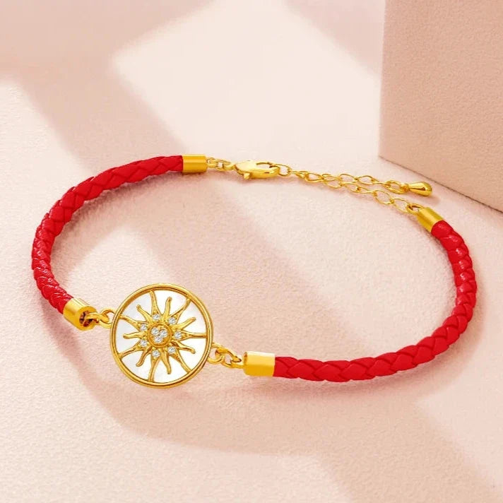 Compass Bracelet in Leather with Compass Rose, red gold