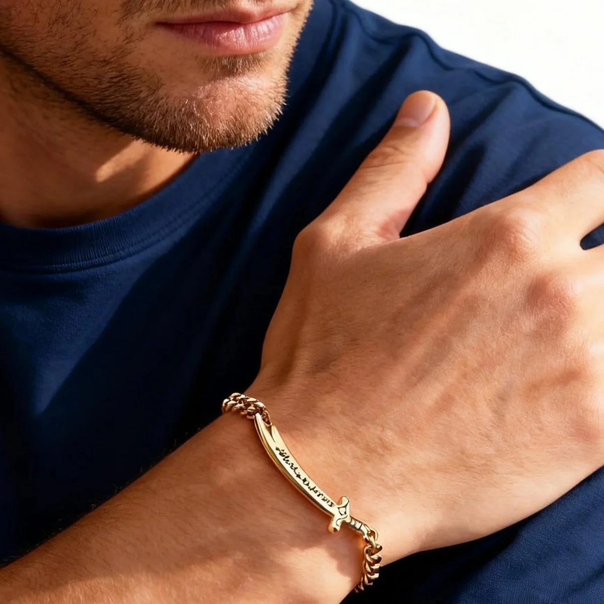 Men’s Cuban chain bracelet with Arabic Ali Zulfiqar sword in silver