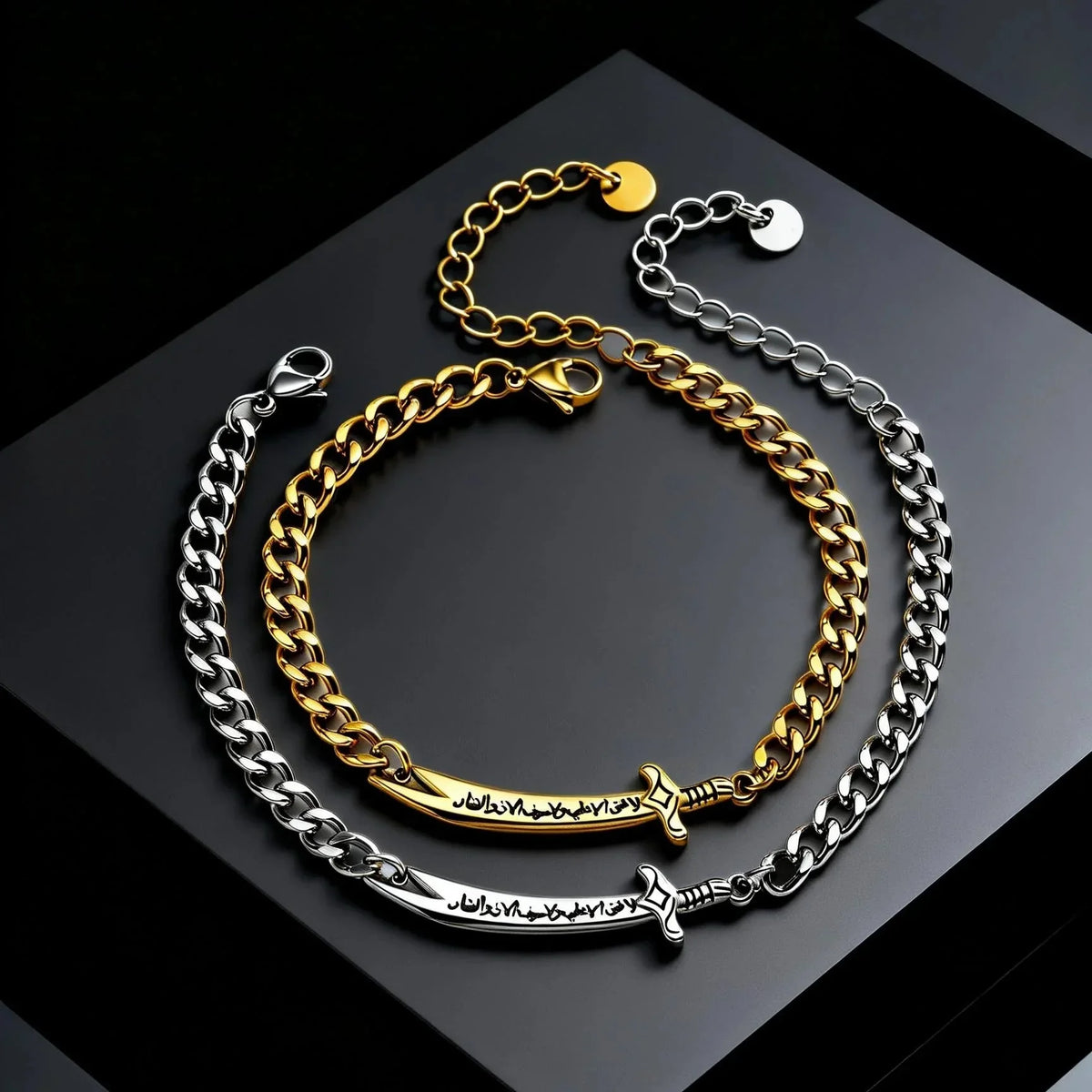 Men’s Cuban chain bracelet with Arabic Ali Zulfiqar sword in silver