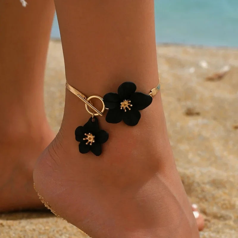 Black flower anklet for women
