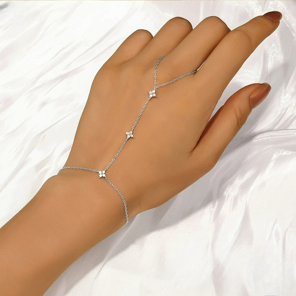 Hand Bracelet with Silver Zircon Flowers