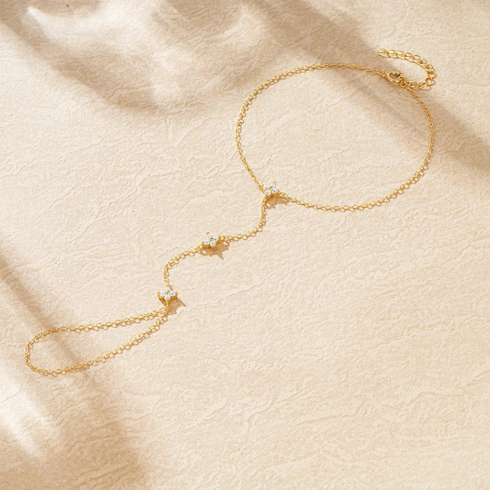 Hand Bracelet with Gold Zircon Flowers