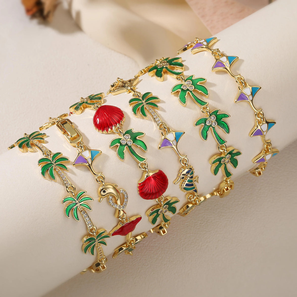 Green enamel palm bracelet with red shells