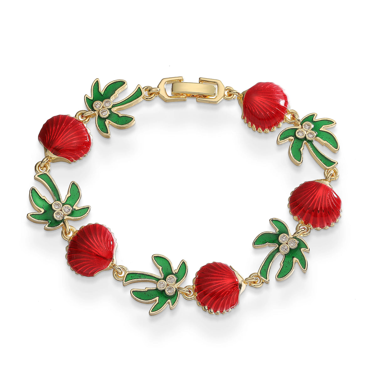 Green enamel palm bracelet with red shells